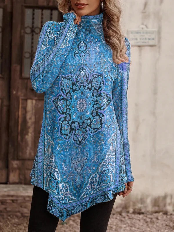 Women’s Tunic Blouse - Knit - Relaxed Fit - Stand Collar - Asymmetrical Hem