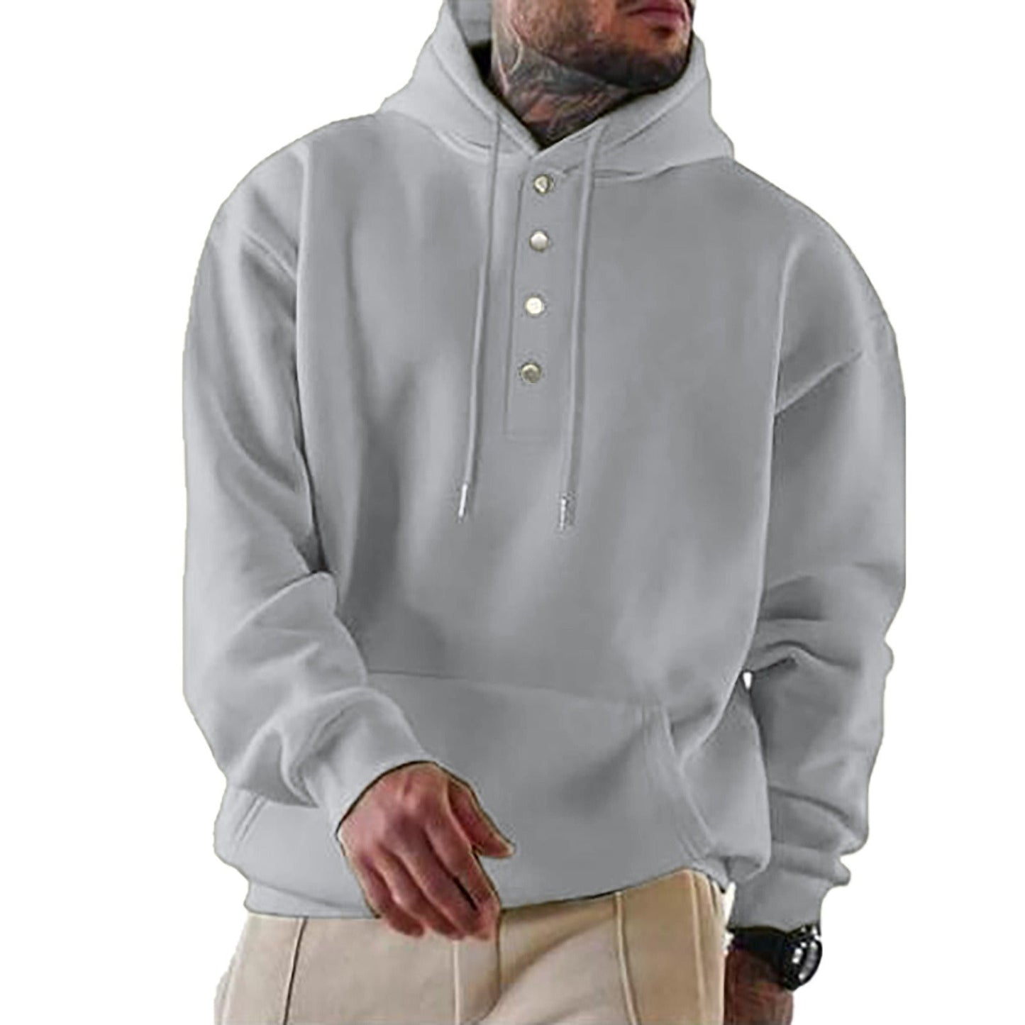 Men’s Hooded Sweatshirt – Loose Fit – Fleece Feel – Snap Button Front – Casual Wear