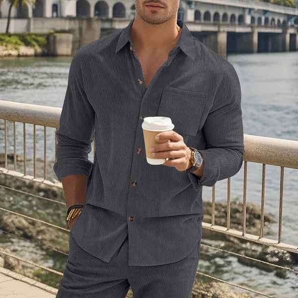Men’s Long Sleeve Shirt – Slim Fit – Cotton Feel – Button-Up – Vertical Striped Design