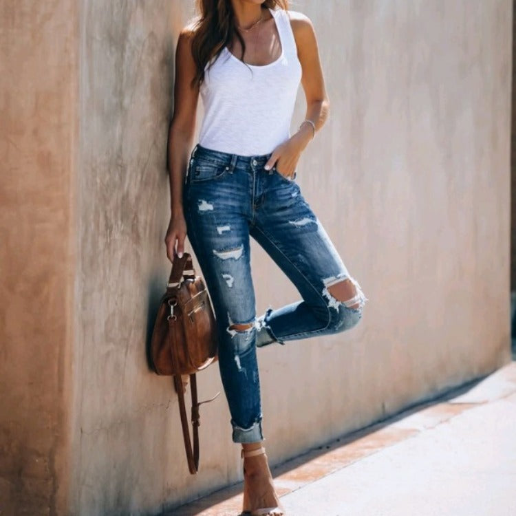 Women’s Skinny Jeans – Denim Stretch Fit – Distressed Ripped – Rolled Hem – Casual Style