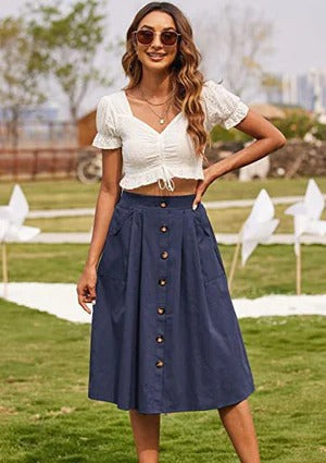 Women's Midi Skirt - A-Line Silhouette - Front Buttons - Side Pockets