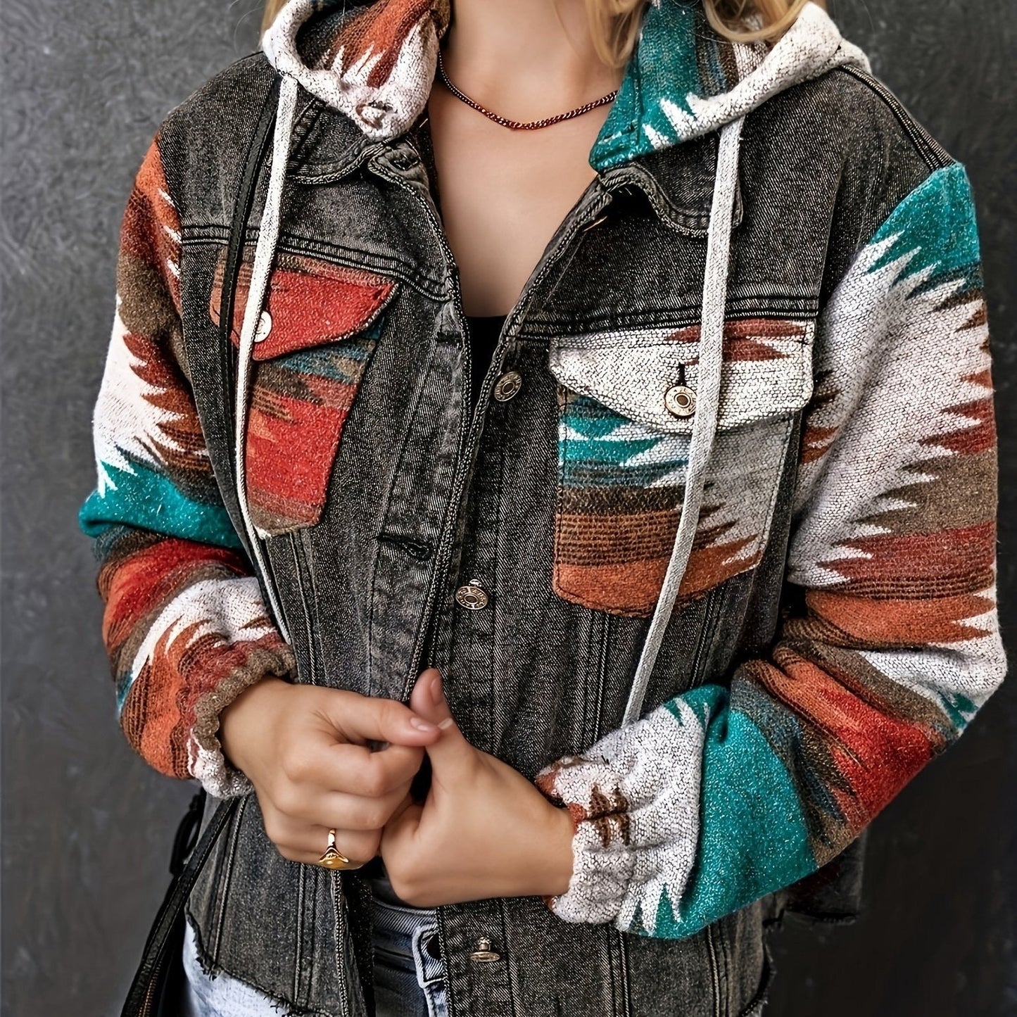 Women’s Denim Jacket – Relaxed Fit – Patterned Sleeves – Hooded – Frayed Hem