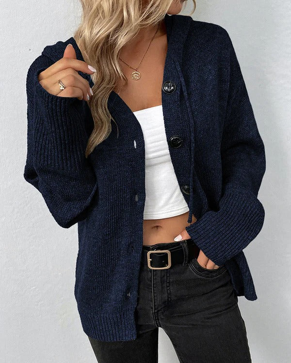 Women’s Knit Cardigan – Relaxed Fit – Hooded – Button Front – Ribbed Hem & Cuffs