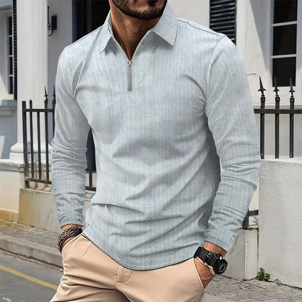 Men’s Long Sleeve Shirt – Slim Fit – Standing Collar – Zipper Front – Cotton