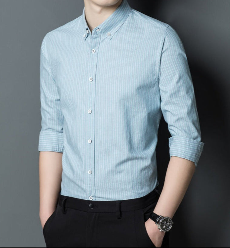 Men’s Button-Up Shirt – Slim Fit – Cotton – Long Sleeve – Striped – Business Casual