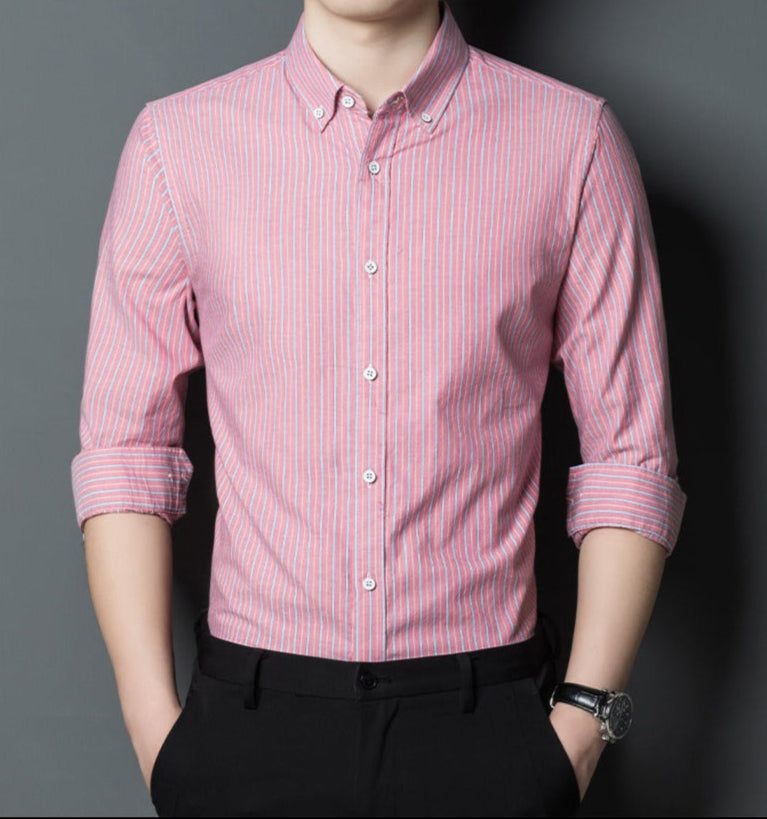 Men’s Button-Up Shirt – Slim Fit – Cotton – Long Sleeve – Striped – Business Casual
