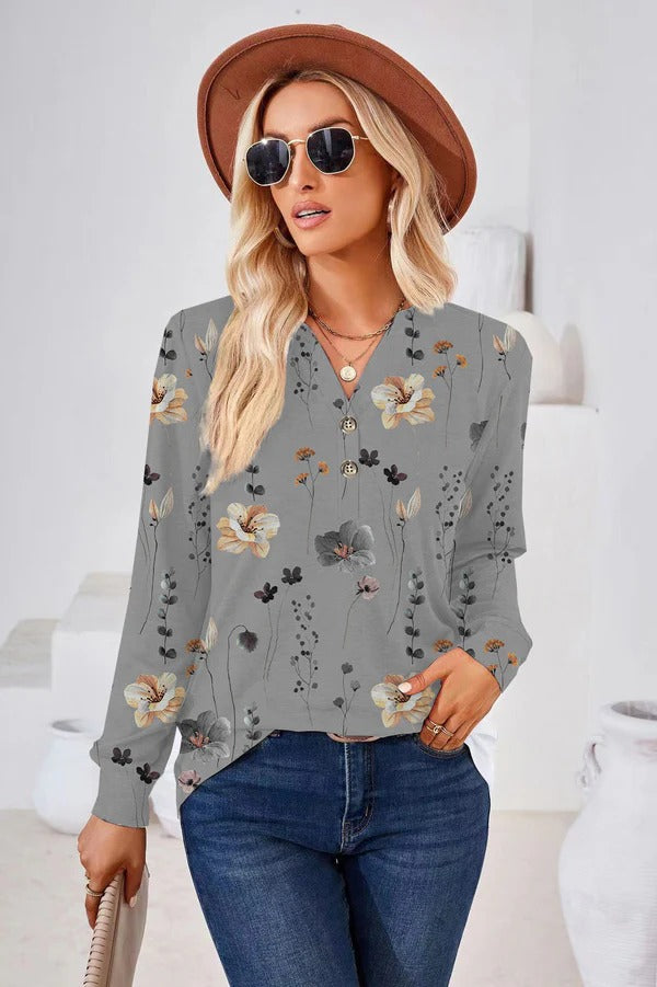 Women's Blouse - Relaxed Fit - V-Neck - Long Sleeve - Floral - Button Detail