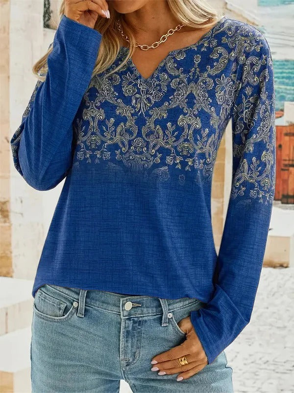 Women's Blouse - Synthetic Blend - Relaxed Fit - V-Neck - Pleated Detail