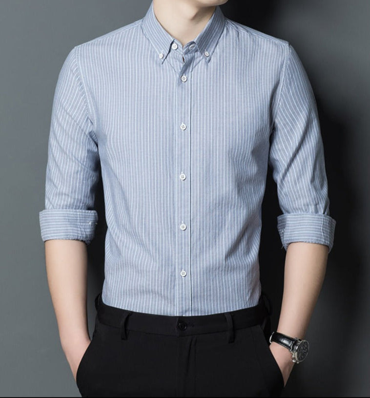 Men’s Button-Up Shirt – Slim Fit – Cotton – Long Sleeve – Striped – Business Casual