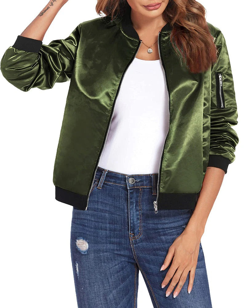 Women’s Bomber Jacket – Relaxed Fit – Wind-Resistant – Zip Front Casual