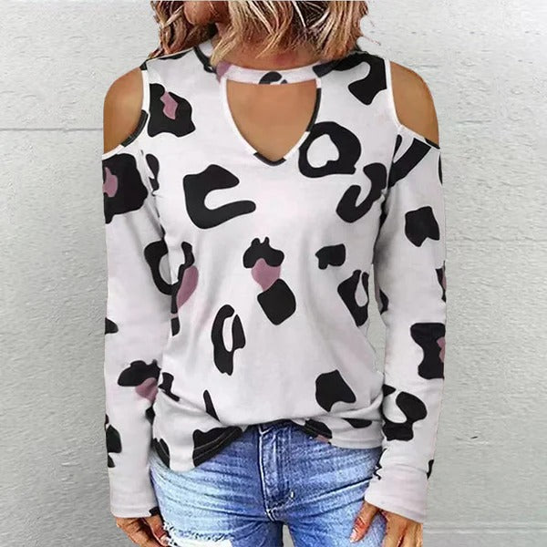 Women’s Long Sleeve Shirt - Relaxed Fit - Crew Neckline Keyhole - Cold Shoulder