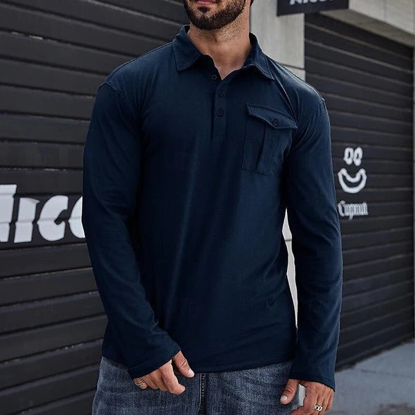 Men’s Polo Shirt – Cotton Knit – Slim Fit – Long Sleeve – Chest Pocket