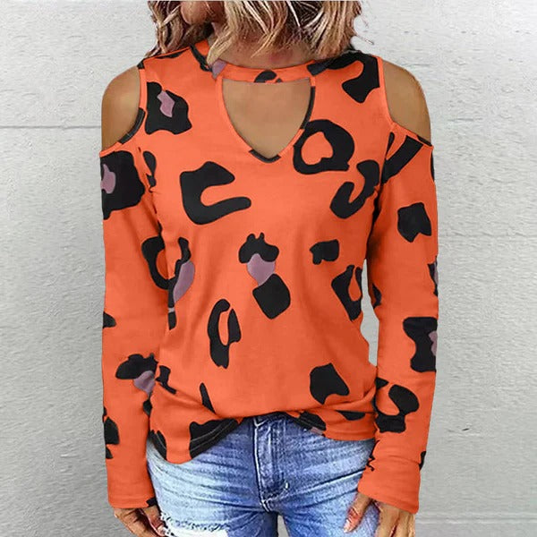 Women’s Long Sleeve Shirt - Relaxed Fit - Crew Neckline Keyhole - Cold Shoulder