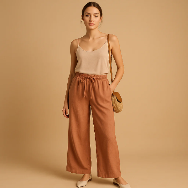 Women’s Trousers – Relaxed Fit – Cotton – Drawstring Waist – Full Length Casual Wear