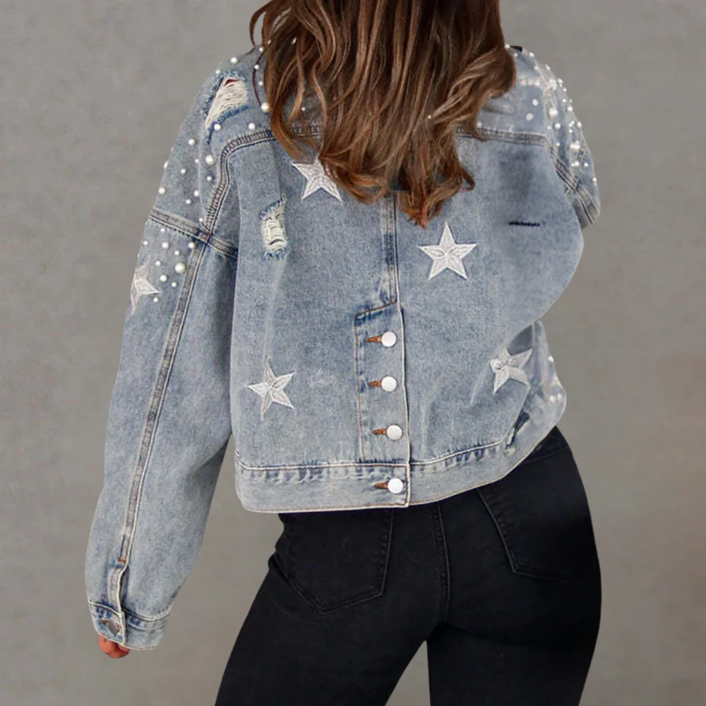 Women’s Denim Jacket – Oversized Fit – Cropped Length – Studded and Patch Detail