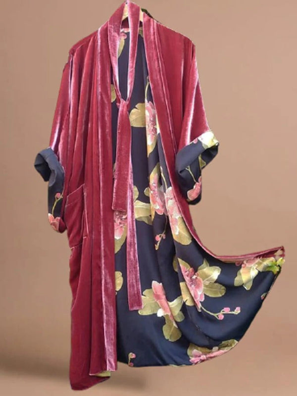 Women’s Cardigan Robe – Satin Finish – Relaxed Fit – Tie Waist – Full Length – Floral Lined