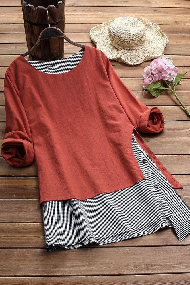 Women’s Casual Top – Relaxed Fit – Patchwork Hem – Long Sleeve – Cotton