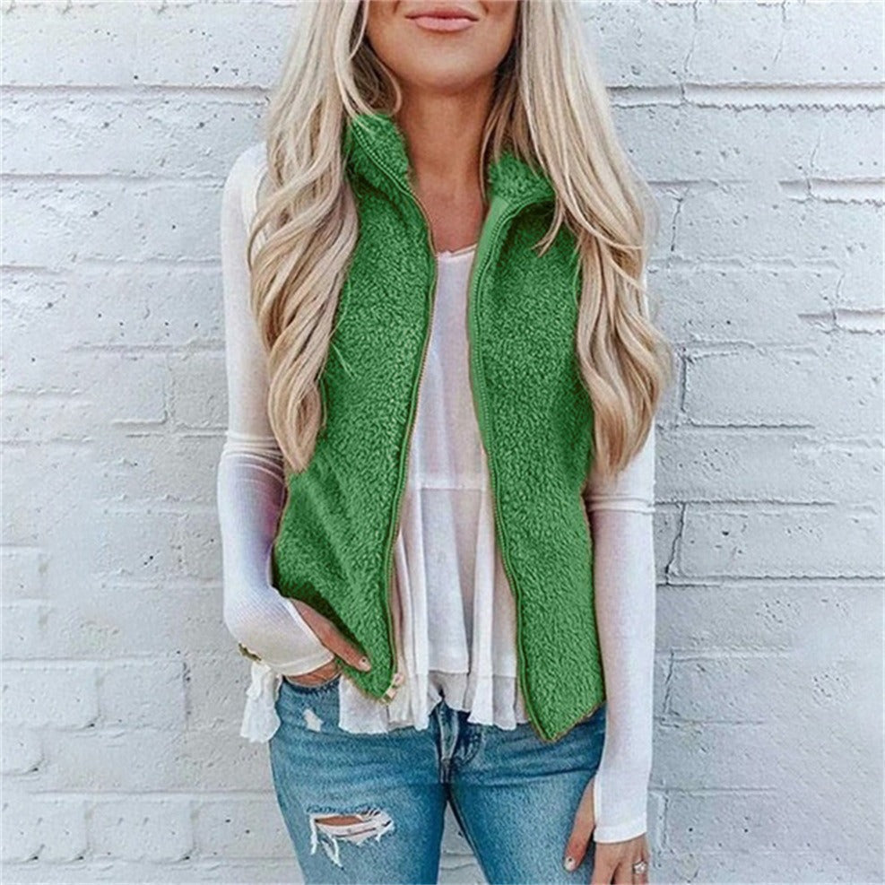 Women’s Vest – Fuzzy Plush Texture – Relaxed Fit – Zipper Front – High Collar Layering