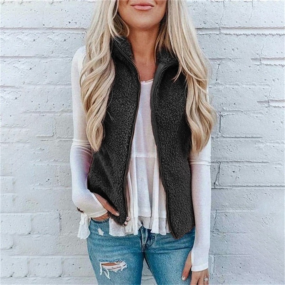 Women’s Vest – Fuzzy Plush Texture – Relaxed Fit – Zipper Front – High Collar Layering
