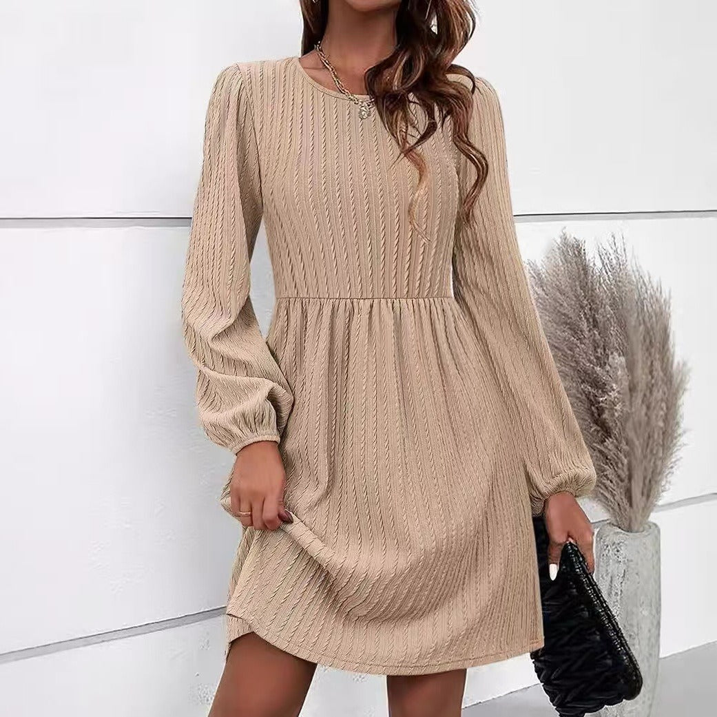 Women’s Knit Dress – Fit and Flare – Jacquard Texture – Puff Sleeve – Round Neckline