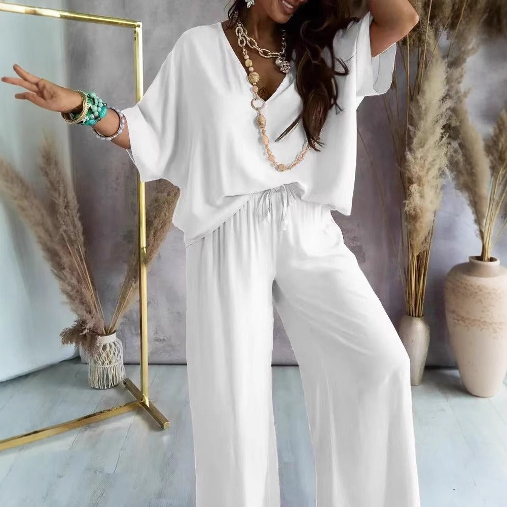 Women’s Two-Piece Set – V-Neck T-Shirt – Loose Fit – Cotton Linen – 3/4 Sleeve Casual Top