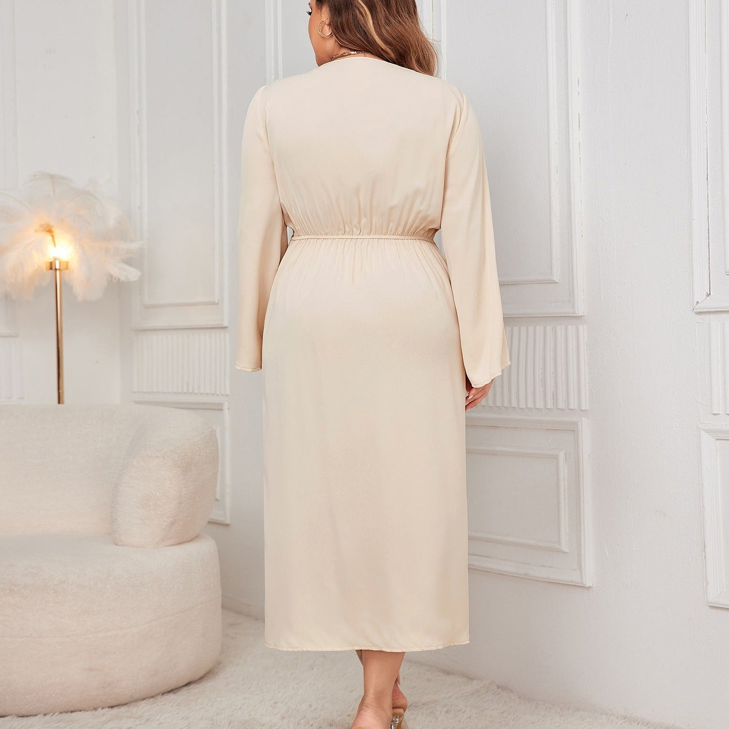 Women’s Dress – Wrap Waist – V-Neck – Asymmetric Hem – Long Sleeve