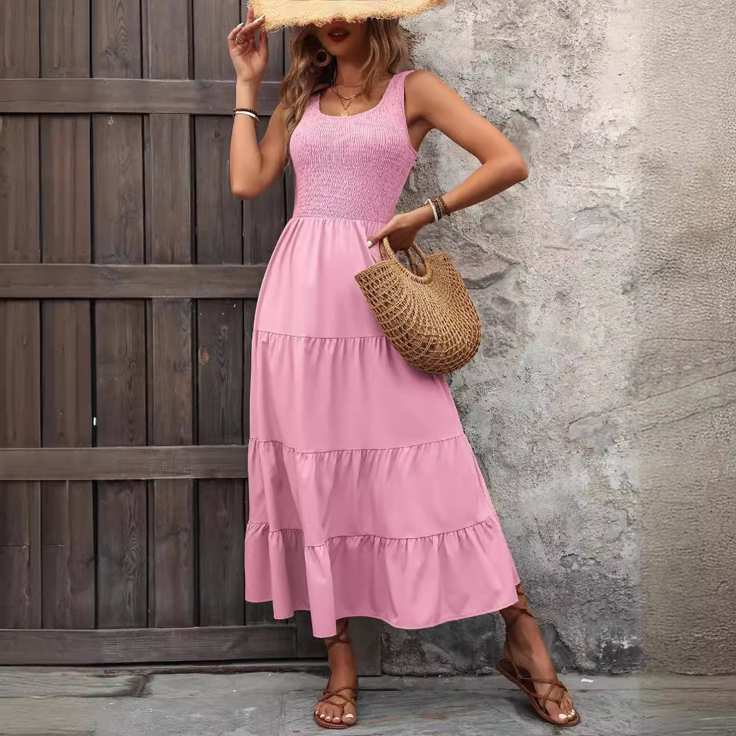 Women’s Suspender Dress – Smocked Bodice – A-Line Fit – Pleated Tiered Skirt – Cotton