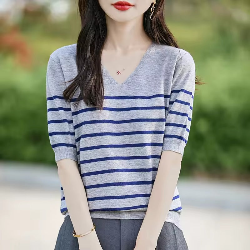 Women’s Sweater – Cotton Knit – Relaxed Fit – V-Neck – Short Sleeve – Striped