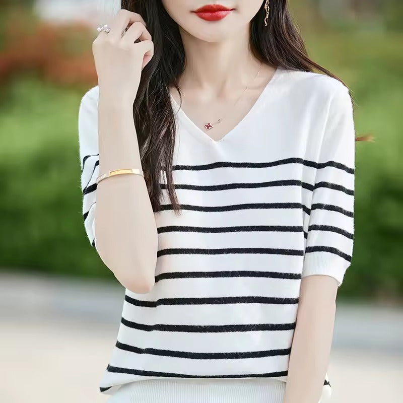 Women’s Sweater – Cotton Knit – Relaxed Fit – V-Neck – Short Sleeve – Striped