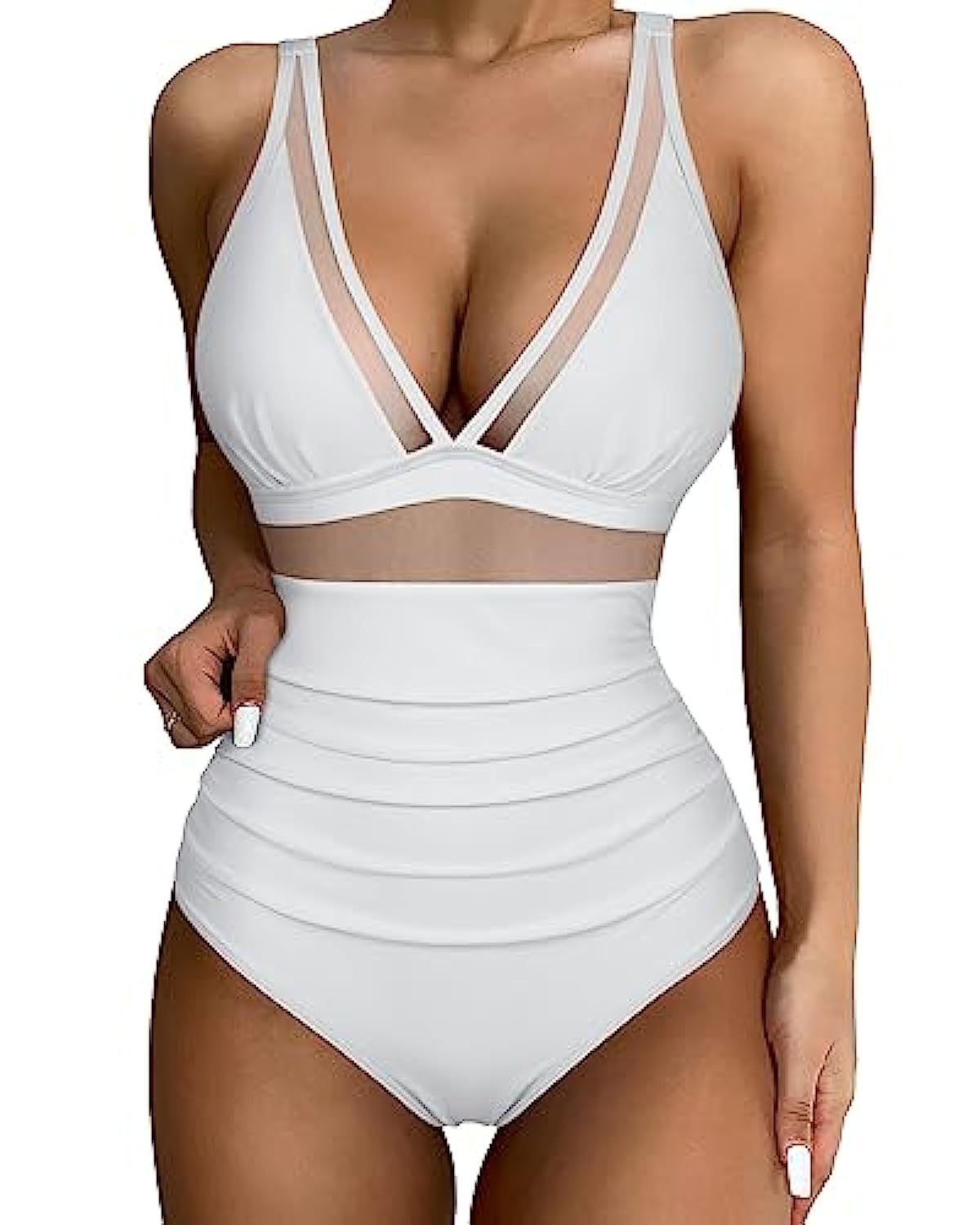 Women’s Swimsuit – Plunging Neckline – Mesh Panels – High-Cut Leg – Breathable Blend