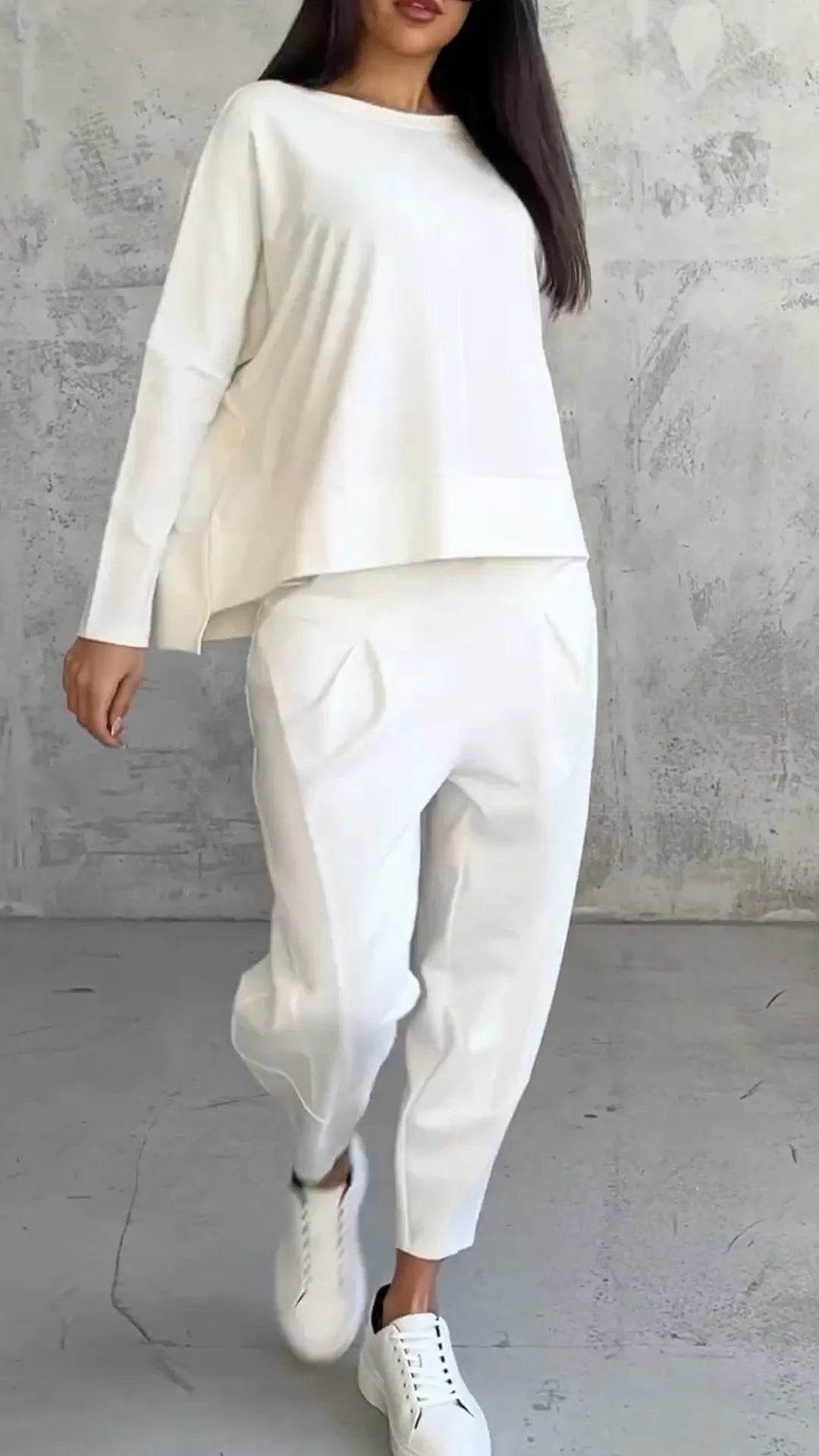 Women’s Two-Piece Set – Relaxed Fit – Long Sleeve Top – Tapered Harem Pants – Breathable Cotton