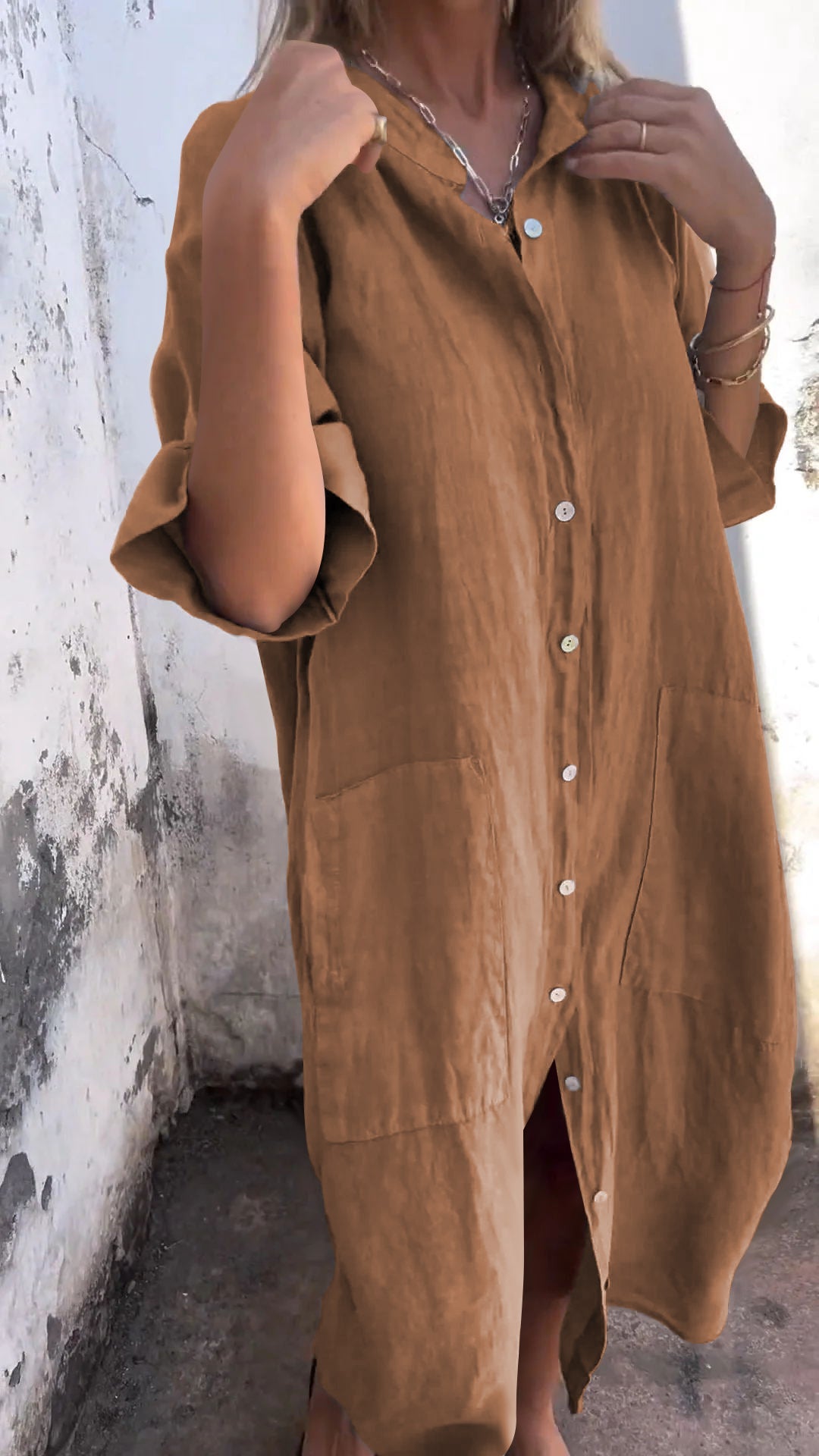 Women’s Shirt Dress – Relaxed Fit – Linen Blend – Button Front – Midi Length – Short Sleeve