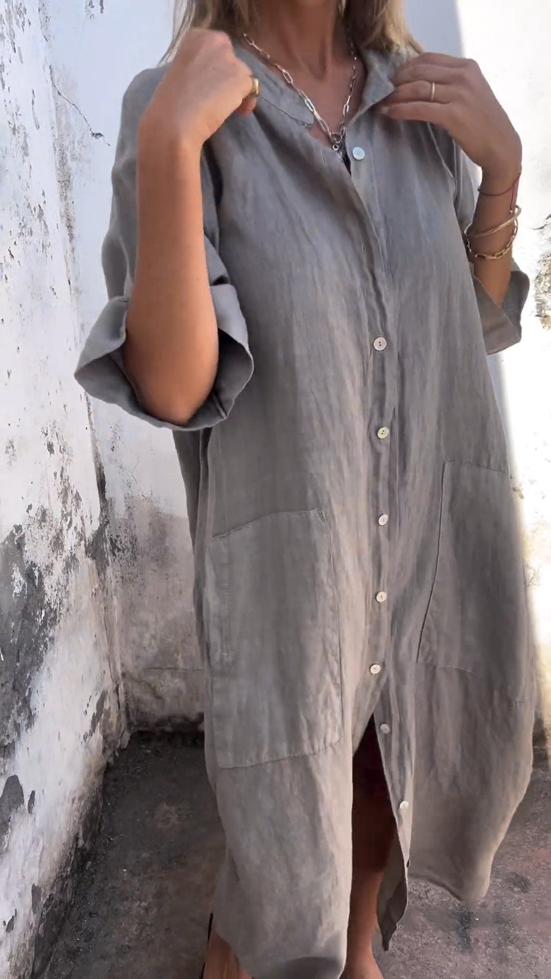 Women’s Shirt Dress – Relaxed Fit – Linen Blend – Button Front – Midi Length – Short Sleeve