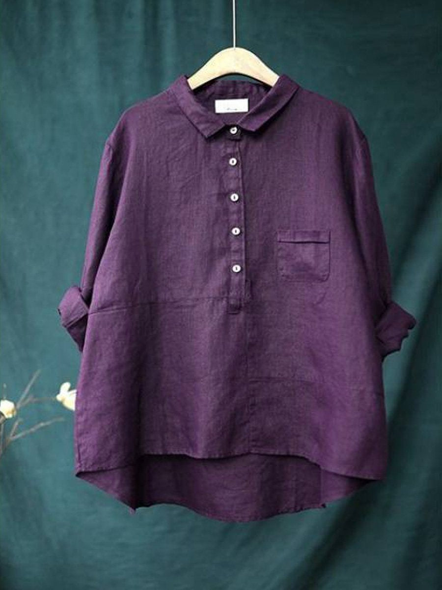 Women’s Long Sleeve Shirt – Cotton Linen Blend – Relaxed Fit – Lapel Collar