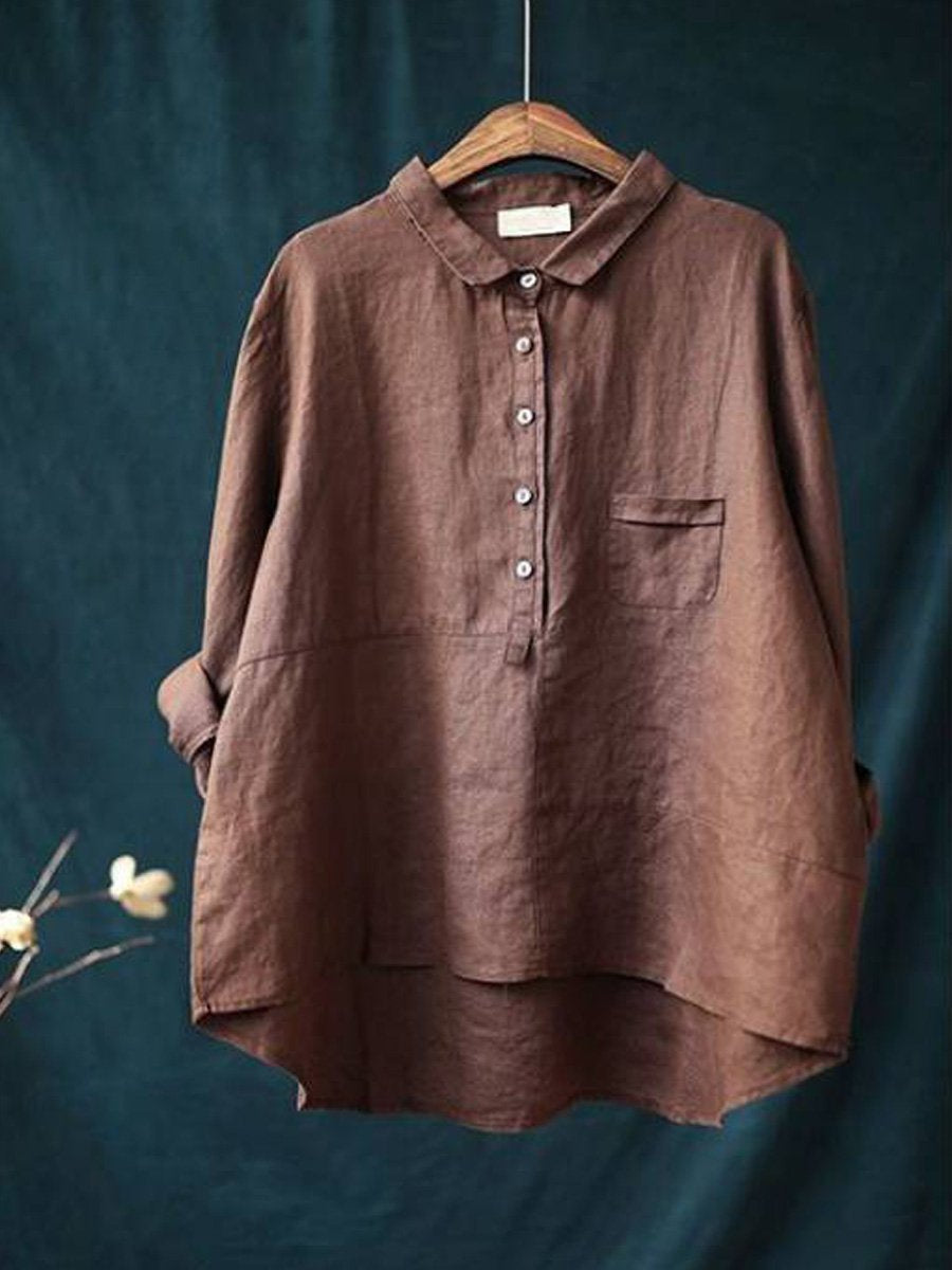 Women’s Long Sleeve Shirt – Cotton Linen Blend – Relaxed Fit – Lapel Collar