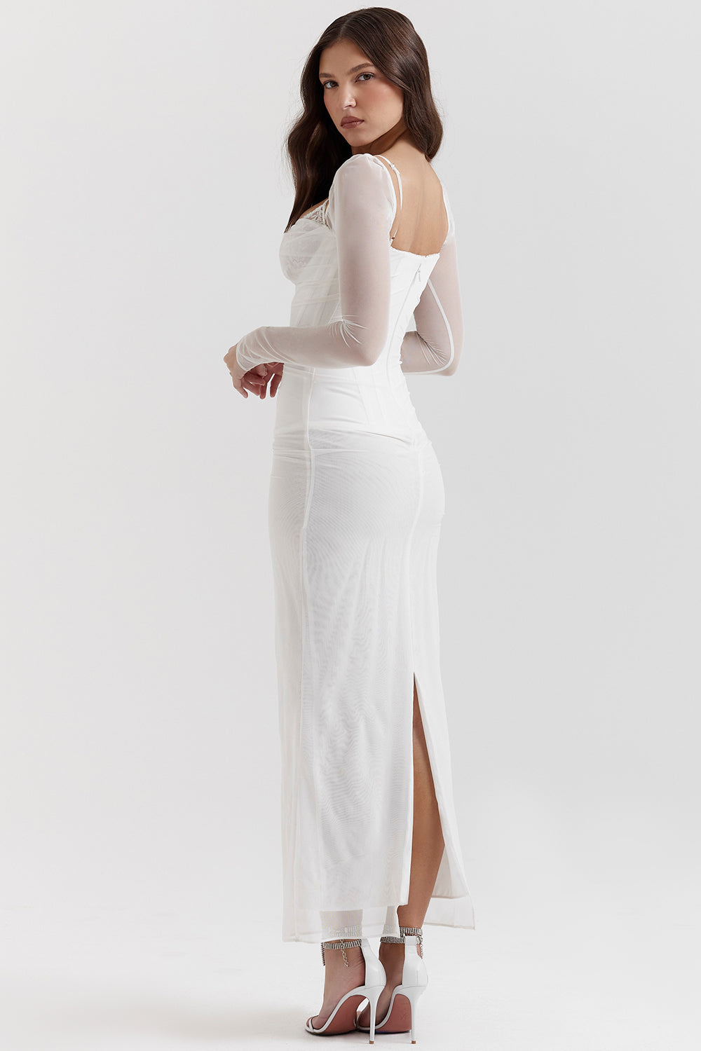 Women’s Maxi Dress – Form-Fitting – Stretch Fabric – Lace Neckline – Ruched Bodice