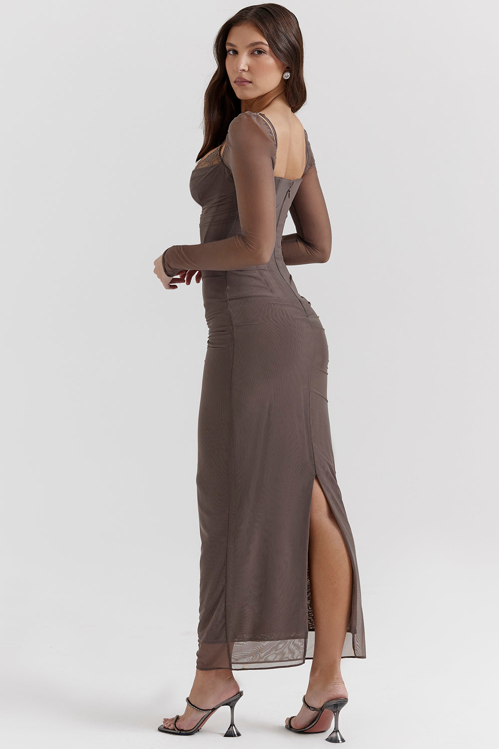 Women’s Maxi Dress – Form-Fitting – Stretch Fabric – Lace Neckline – Ruched Bodice
