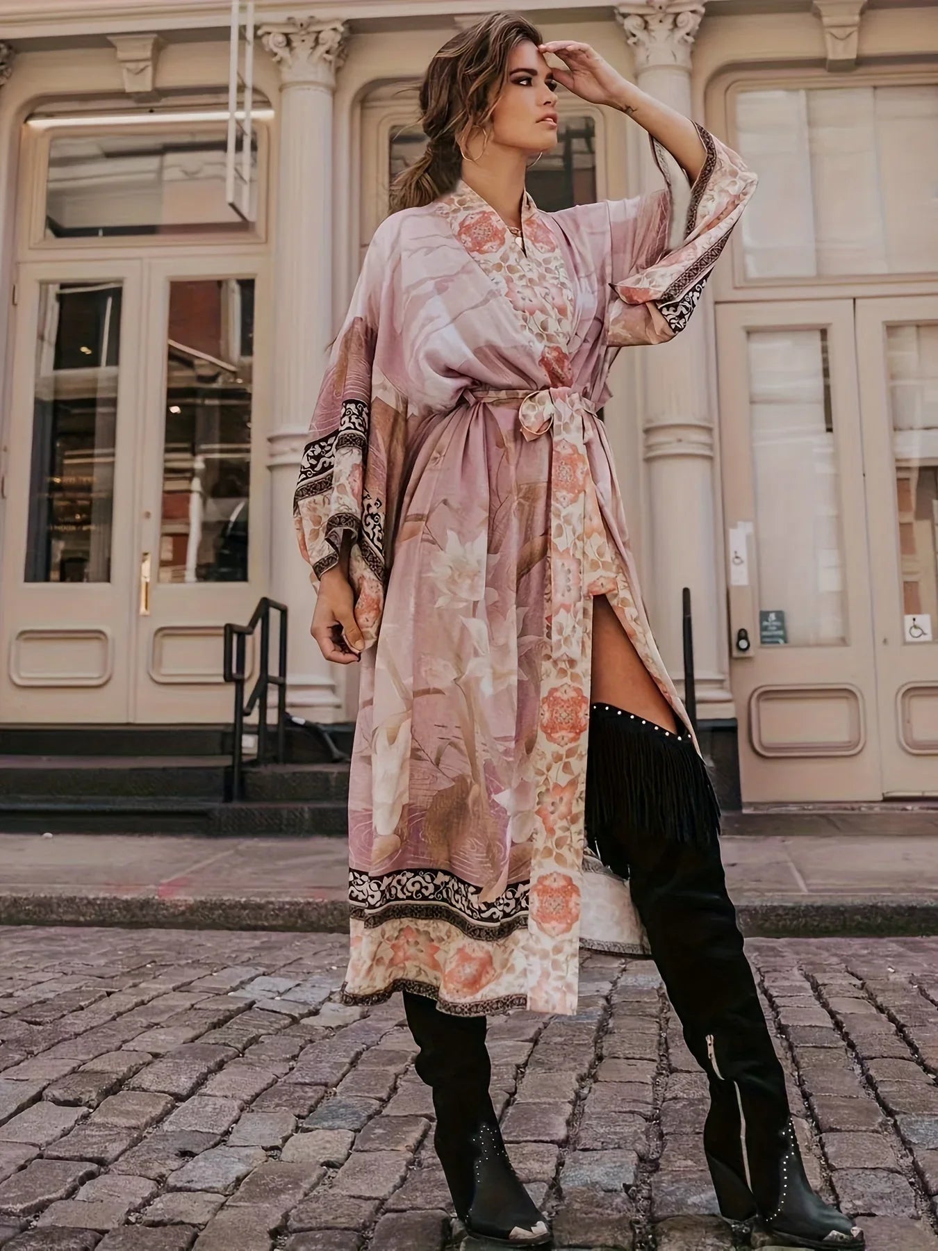 Women’s Kimono Robe – Relaxed Fit – Silk Feel – Long Sleeve Wrap Waist – Full Length