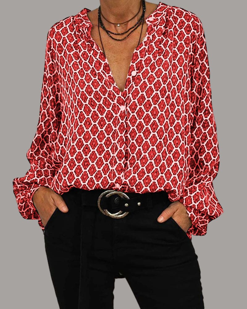 Women's Blouse - Geometric Chain-Link Print - Long Sleeve Loose Fit - Button Down