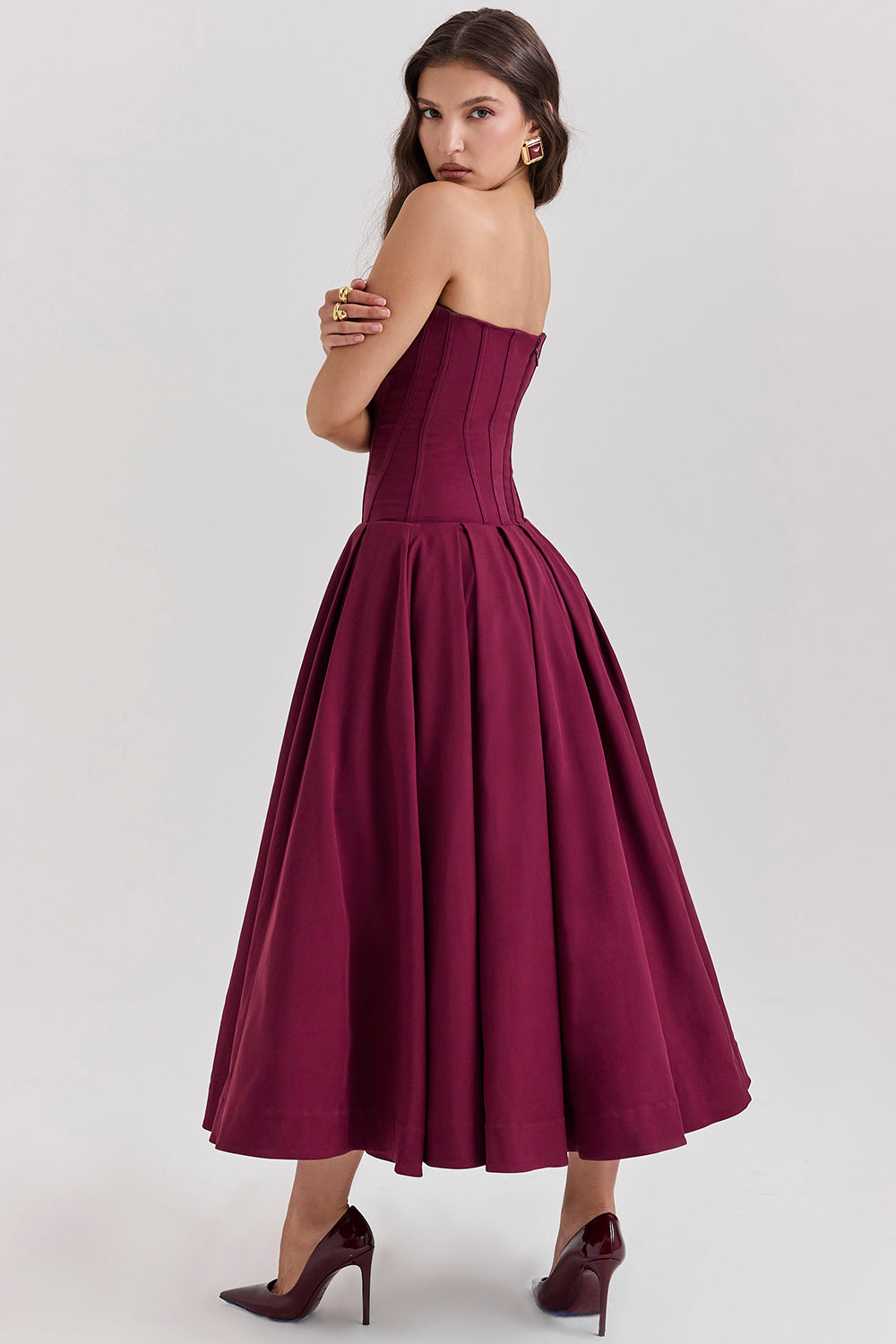 Women’s Strapless Midi Dress – Structured Corset Bodice – A-Line Silhouette – Formal Fit