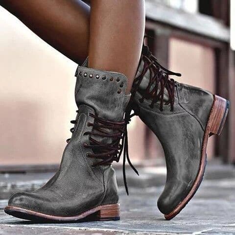 Women’s Leather Boots – Mid-Calf – Lace-Up Front – Metal Studs – Stitched Detailing