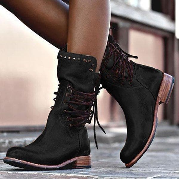 Women’s Leather Boots – Mid-Calf – Lace-Up Front – Metal Studs – Stitched Detailing