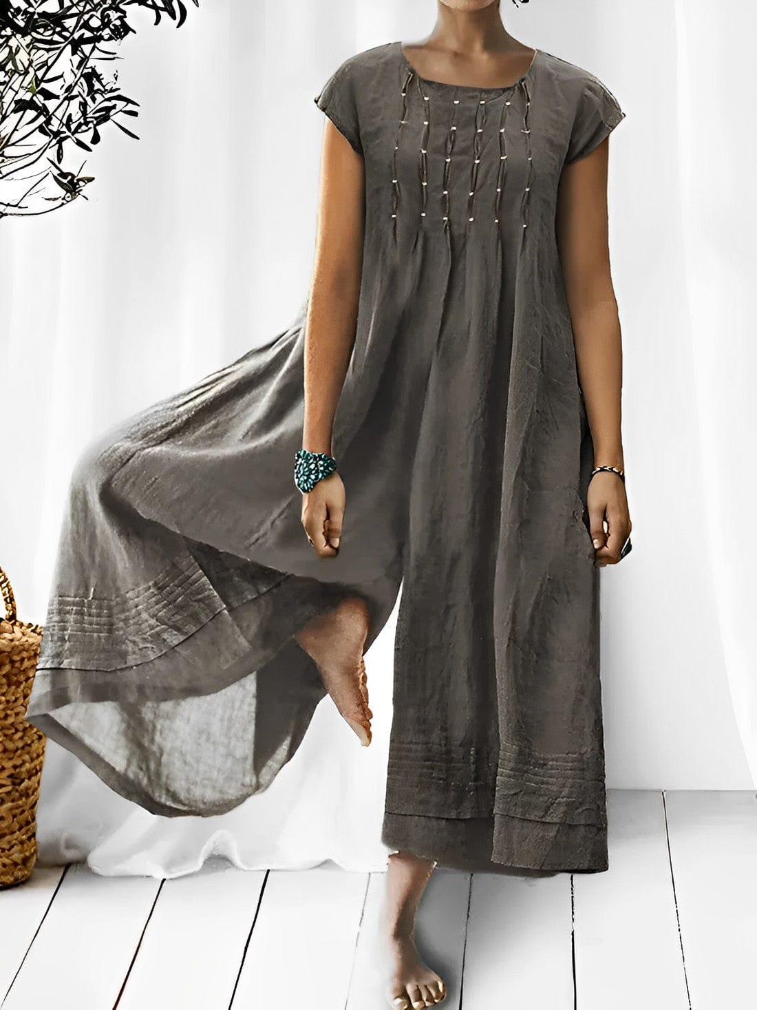 Women’s Jumpsuit – Relaxed Fit – Linen Blend – Cap Sleeve – Full Length – Boho Style