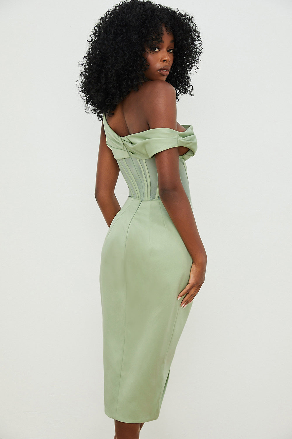 Women’s Midi Dress – Corset Bodice – Asymmetrical Draping – Off Shoulder Elegant Fit