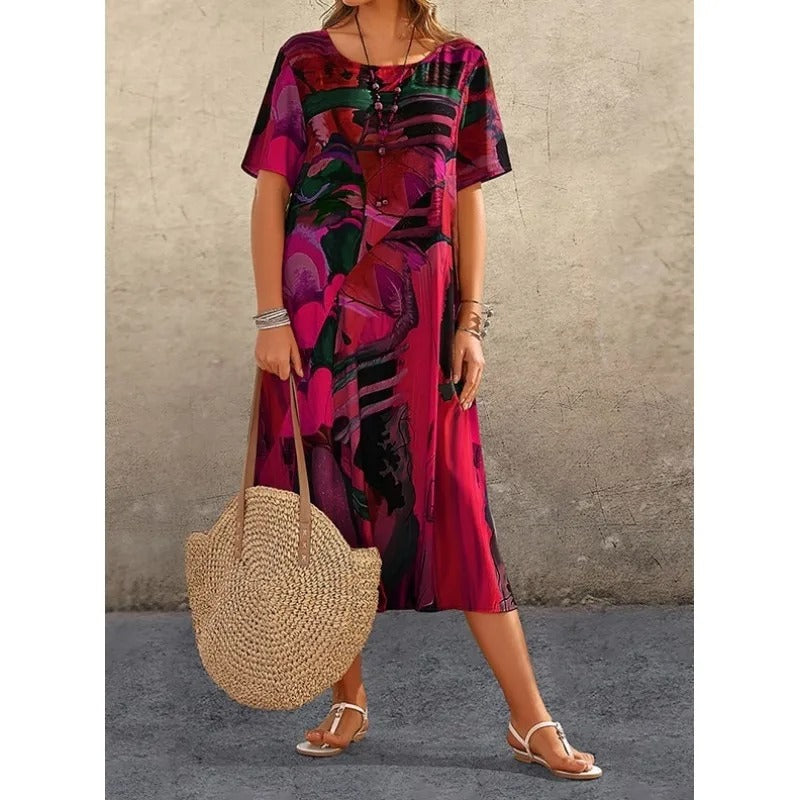 Women's A-Line Dress - Short Sleeve - Knee-Length - Relaxed Fit - Artistic Pattern