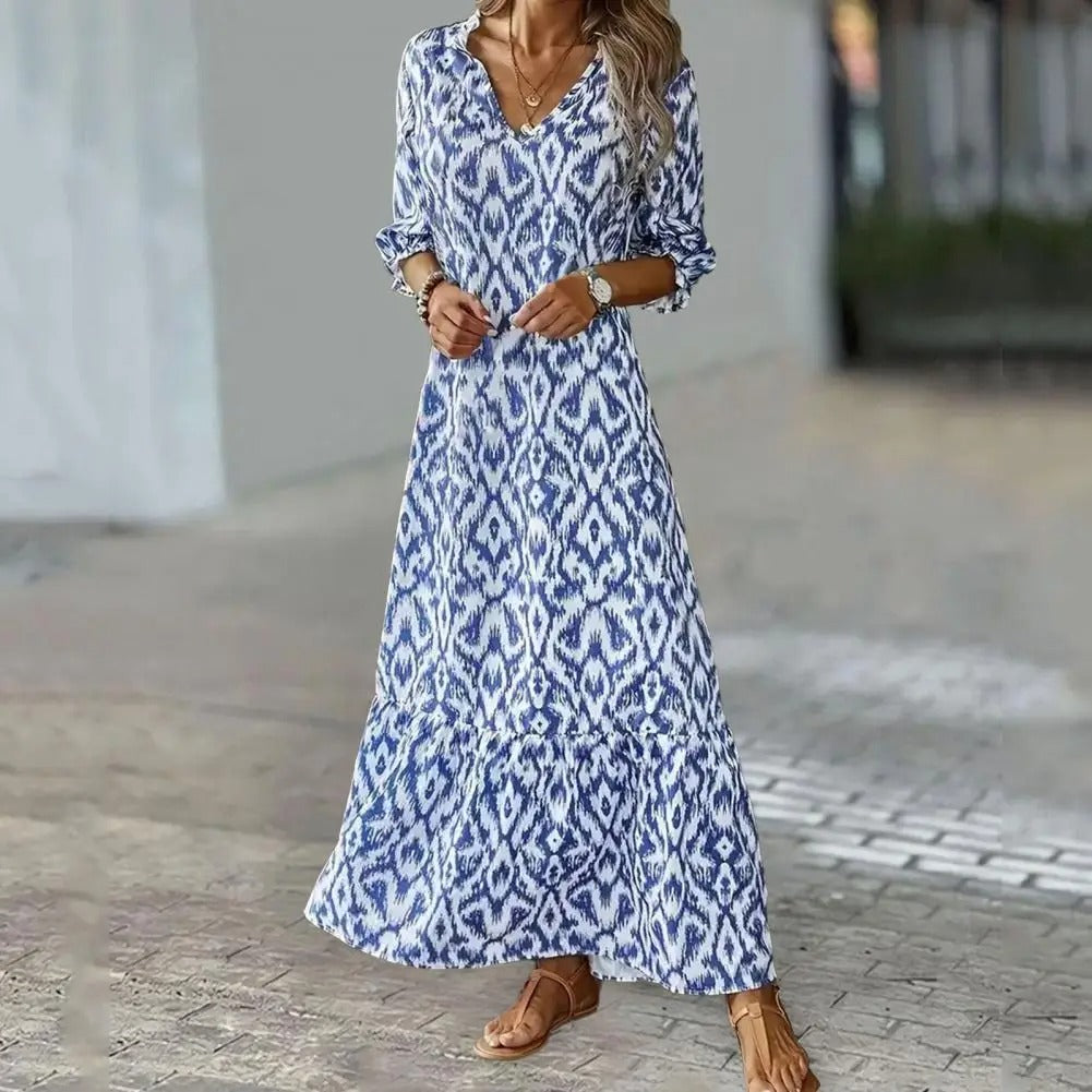 Women’s Maxi Dress – Relaxed Fit – V-Neck – 3/4 Sleeve – Ikat Print – Breathable Blend