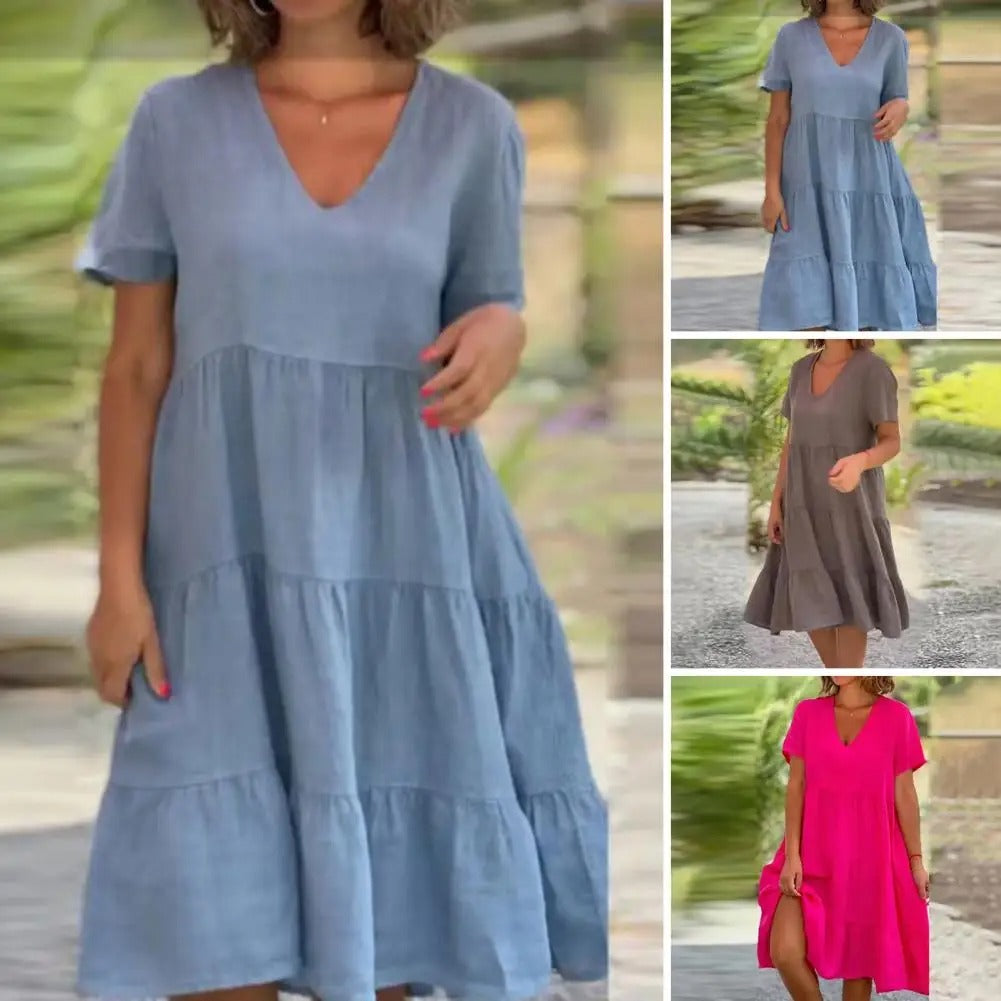 Women's Boho Dress - Flowy Fit - V-Neck Short Sleeve - Lightweight Casual Wear