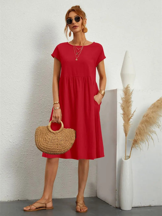 Women's Casual Dress - Knee Length - Short Sleeve - Flowy with Pockets