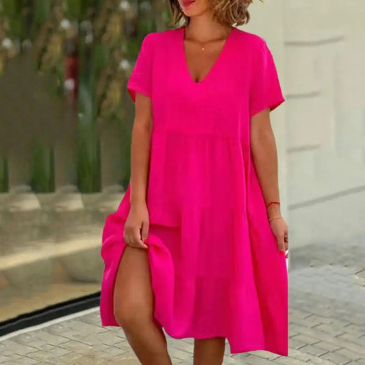 Women's Boho Dress - Flowy Fit - V-Neck Short Sleeve - Lightweight Casual Wear
