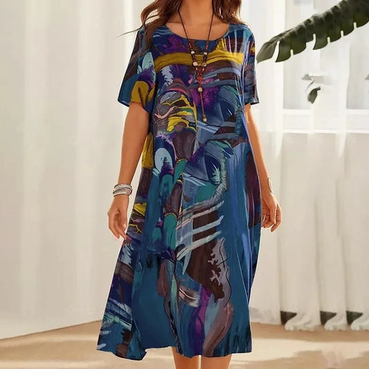 Women's A-Line Dress - Short Sleeve - Knee-Length - Relaxed Fit - Artistic Pattern